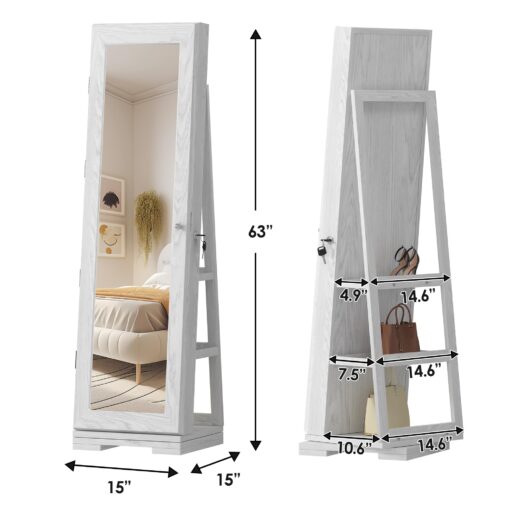 SDHYL 360° Rotating Full-Length Mirror Jewelry Cabinet - Standing Mirror with Jewelry Storage, Makeup Organizer & Lock, 63"x15", Perfect for Girls, Women, and Home Decor - Image 3
