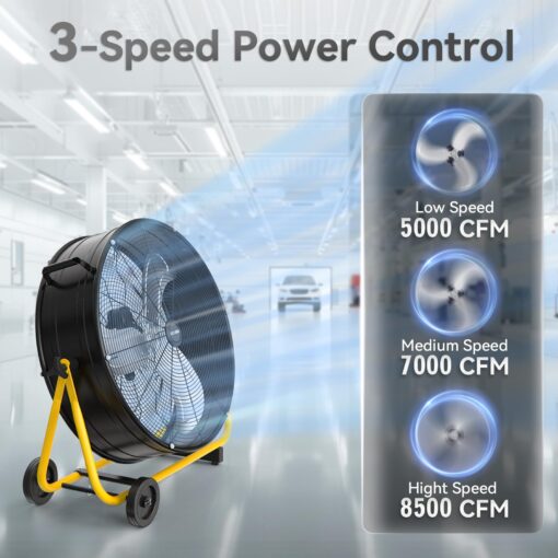 CCGIRU 24" High Velocity Industrial Drum Fan, 8800 CFM 3-Speed Heavy Duty Metal Air Circulator with Casters Handle for Warehouse, Workshops, Garage, Factory and Basement - UL Listed - Image 5