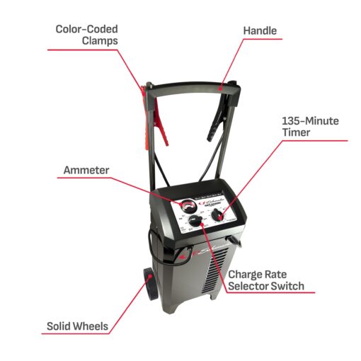 Schumacher Electric Wheeled Battery Charger and Engine Starter, SC1633, 2-in-1, Manual Timer Controlled, 200 Cranking Amps, 12 Volt, 24 Volt, for Car, SUV, Truck, and Marine Batteries - Image 2