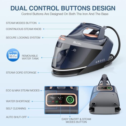 1800W Steam Iron for Clothes with Digital Display Steam Station, 1.5L Water Tank Ceramic Soleplate, Anti-Drip, Self-Clean, 3-way Auto Shut-Off System for Various Fabrics for Home Steamer - Image 5