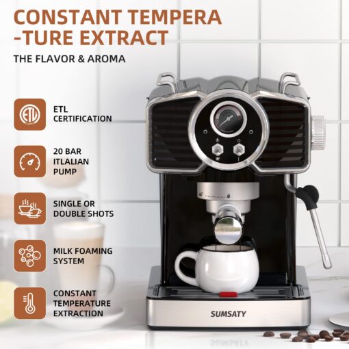 SUMSATY Espresso Machine 20 Bar, Professional Espresso Maker with Milk Frother Steamer Wand, Espresso Coffee Machine Black, Cappuccino & Latte Machine for Home, Retro, 1.8L Removable Water Tank - Image 8