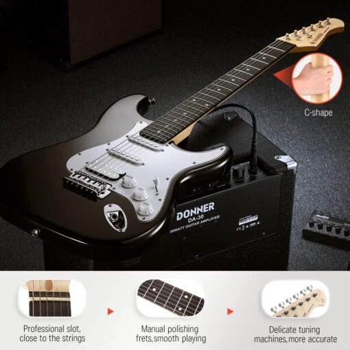 Donner DST-100B 39 Inch Electric Guitar Beginner Kit Solid Body Full Size Black HSS for Starter, with Amplifier, Bag, Digital Tuner, Capo, Strap, String,Cable, Picks - Image 3