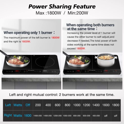 Aobosi Double Induction Cooktop Burner with 240 Mins Timer, 1800w 2 Induction Burner with 10 Temperature 9 Power Settings, Portable Dual Induction Cooker Cooktop with Touch Sensor Control & Child Safety Lock - Image 8