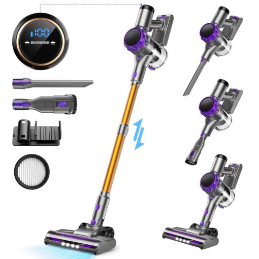 UML0 S3 Cordless Vacuum Cleaner, 45kPa Powerful Stick Vacuum, LED Display, 55-Min Runtime Rechargeable Cordless Vacuum, Free-Standing, Vacuum Cleaners for Home Pet Hair Carpet Hard Floor (Purple)