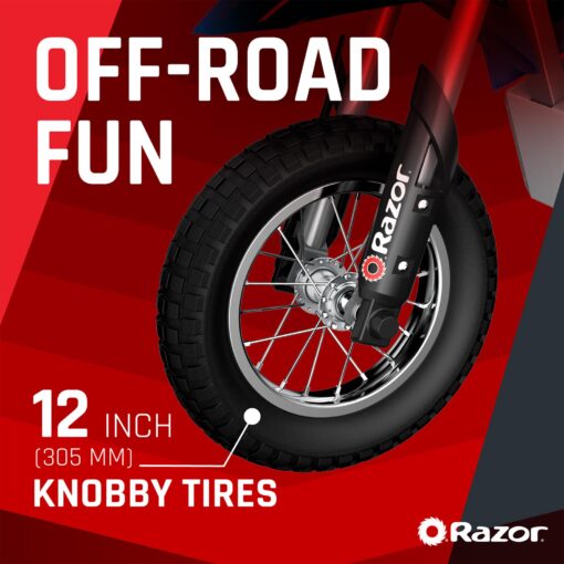 Razor MX350 Dirt Rocket Electric Motocross Off-Road Bike for Age 13+, Up to 30 Minutes Continuous Ride Time, 12" Air-Filled Tires, Hand-Operated Rear Brake, Twist Grip Throttle, Chain-Driven Motor - Image 8