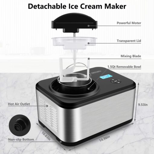 KUMIO 1.6-Quart Ice Cream Maker with Compressor, No Pre-Freezing, 4 Modes Ice Cream Maker Machine with LCD Display, Timer, Automatic Gelato & Yogurt Machine, Stainless Steel - Image 7