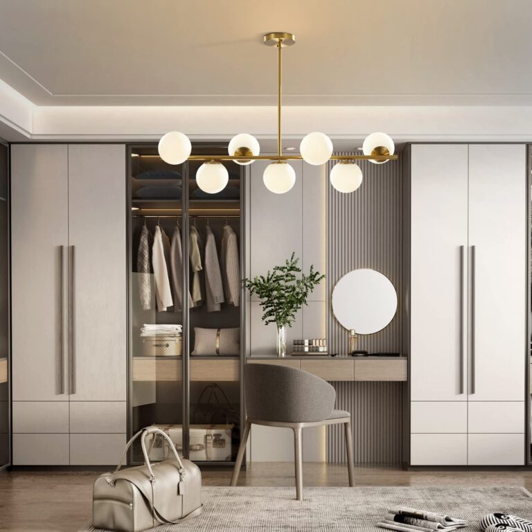 KCO Lighting Modern Brass Linear Chandelier Pendant Light 7-Lights Gold and White Glass Pendant Lighting Mid Century Globe Dining Light Fixture for Living Room Kitchen - Image 4