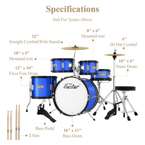 Eastar Drum Set for Kids - 16 inch 5-Piece Drum Kit for Beginners with Adjustable Throne and Cymbal, Pedal & Drumsticks, Metallic Blue (EDS-350MBE) - Image 3
