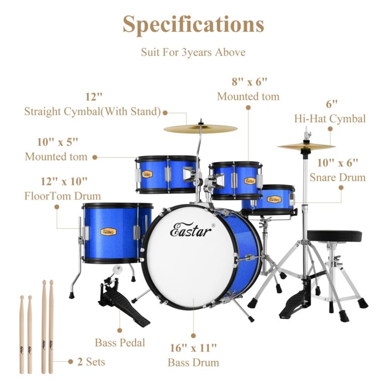 Eastar Drum Set for Kids - 16 inch 5-Piece Drum Kit for Beginners with Adjustable Throne and Cymbal, Pedal & Drumsticks, Metallic Blue (EDS-350MBE) - Image 3
