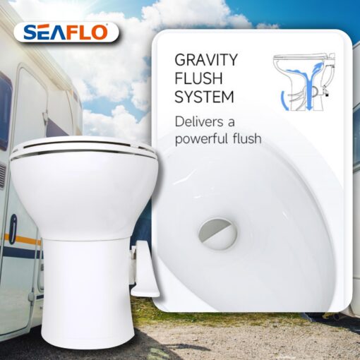 SEAFLO Residential Height Camper/RV Toilet with Elongated Ceramic Bowl, 19” Standard Height, Gravity Flush System, Foot Pedal Operation, Soft Close Seat, 4-Year Warranty - Image 4