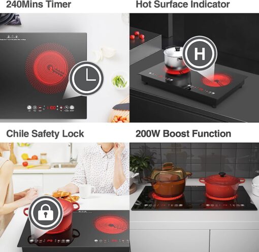 Electric Cooktop, 24 Inch 2 Burner Electric Cooktop 110V, Built-in and Countertop Electric Stove Top Plug in, 2400W Electric Stove, Compatible for All Cookware,Timer & Kid Safety Lock - Image 6
