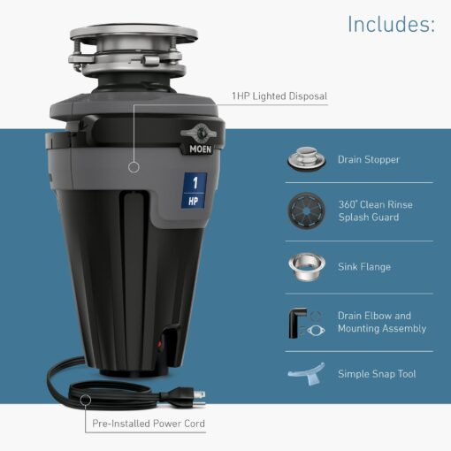 Moen Chef Series 1 HP Continuous Feed Lighted Garbage Disposal with Sound Reduction for Under Sink, Power Cord Included, EXL100C - Image 3