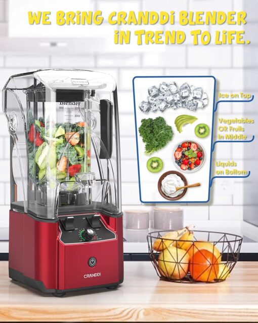 CRANDDI Quiet Commercial Blender with Soundproof Shield, 2200 Watt Professional Blenders for Kitchen with 80oz Pitcher and Self-Cleaning, High-Speed Blenders K90 Red - Image 4