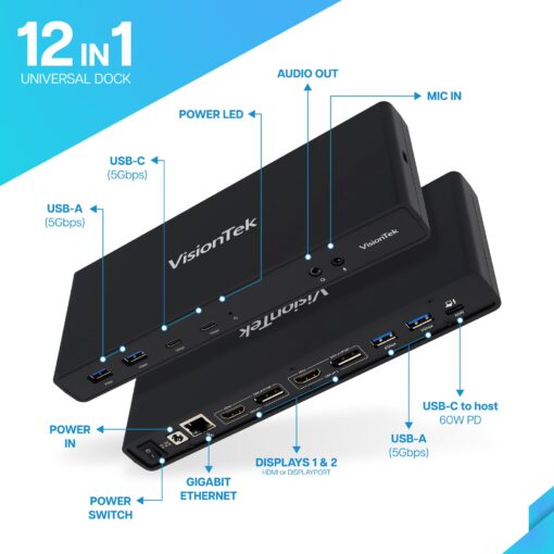 VisionTek VT4500 12in1 Docking Station Dual Monitor 4K – x2 HDMI, x2 DisplayPort, 60W USB-C PD, x4 USB-A 3.0, x2 5Gbps USB-C, 3.5mm Audio Jack, & Ethernet – Compatible with Laptop, PC, and MacBook - Image 7
