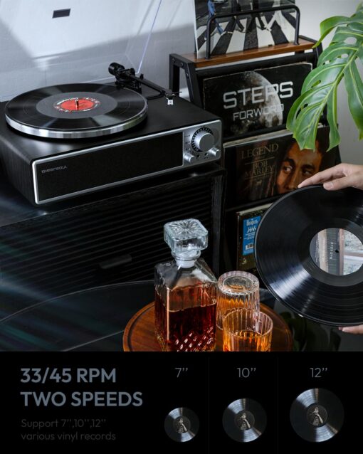 QLEARSOUL ONE-Q Vinyl Record Player (Black), All-in-one HiFi Turntables with Built in Speakers, Bluetooth 5.4, Phono Preamp, Magnetic Cartridge AT-3600L, 33/45 RPM Two Speed, Aux-in, Auto Off - Image 6