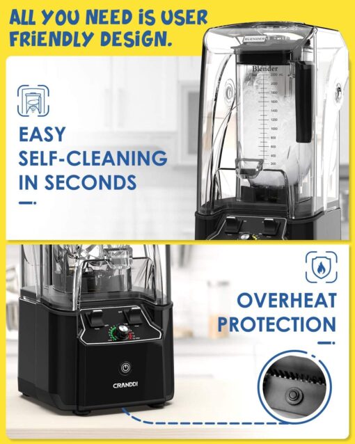 CRANDDI Quiet Commercial Blender with Soundproof Shield, 2200 Watt Professional Blenders for Kitchen with 80oz Jar and Self-Cleaning, High-Speed Blenders K90 Black - Image 7