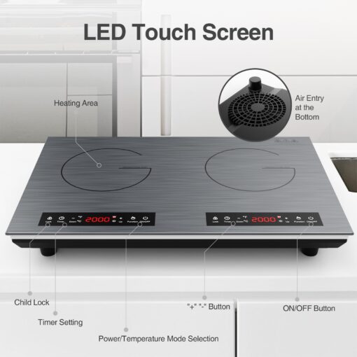 VBGK Double Induction Cooktop, 24 inch 4000W Electric cooktop with hot plate, induction stove top with LED Touch Screen 9 Levels Settings with Child Safety Lock & Timer 110V Induction cooktop 2 burner - Image 6
