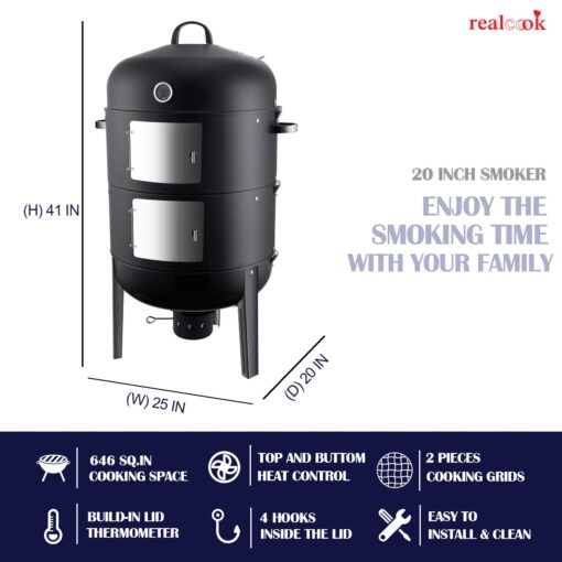 Realcook Charcoal BBQ Smoker Grill - 20 Inch Vertical Smoker for Outdoor Cooking Grilling - Image 6