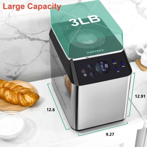 3LB Larger & 20-in-1 Ultra Quiet Bread Maker Machine, 710W Die-Cast Ceramic Pan Bread Machine with Dual Heaters, Stainless steel Breadmaker with Auto Fruit Dispenser & 2 Custom Menus,Extra 2 Paddles - Image 3
