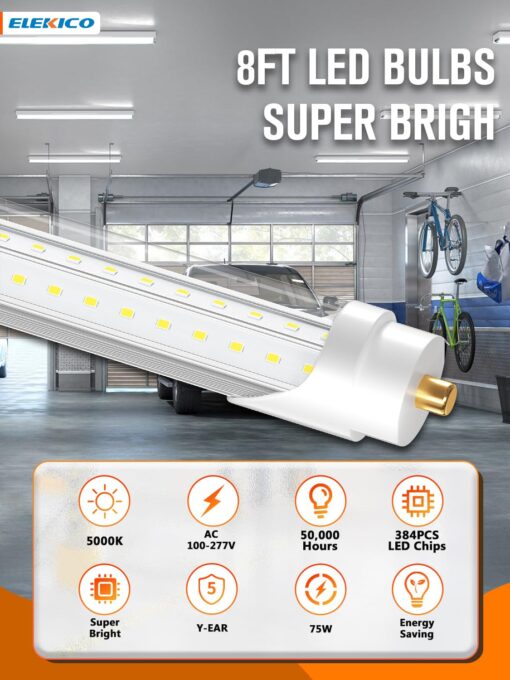 ELEKICO 75w 8ft Led Bulbs, 9500lm 5000k 8' Led Bulbs, V Shaped Clear Cover T8 Led Tube Lights 8ft, T8 Led Bulbs 8 Foot, 8' Led Replacement for T8 T10 T12 F96t12 Fluorescent Tubes - Image 6