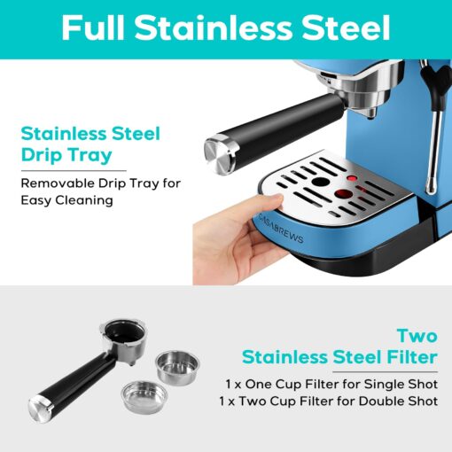 CASABREWS Espresso Machine 20 Bar, Stainless Steel Espresso Maker with Milk Frother Steam Wand, Professional Coffee Machine with 34oz Removable Water Tank, Baby Blue - Image 3