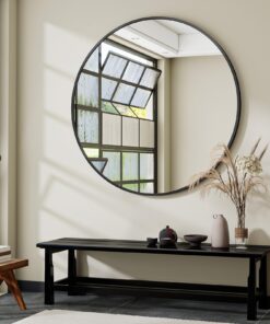 VooBang Black Round Bathroom Mirror, 48 inch Circle Modern Wall Mirror with Simple Metal Frame, Hanging for Bathroom, Hallway, Living Room, Black Frame