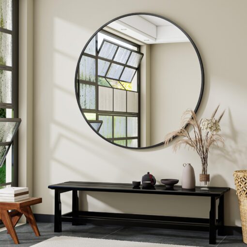 VooBang Black Round Bathroom Mirror, 48 inch Circle Modern Wall Mirror with Simple Metal Frame, Hanging for Bathroom, Hallway, Living Room, Black Frame