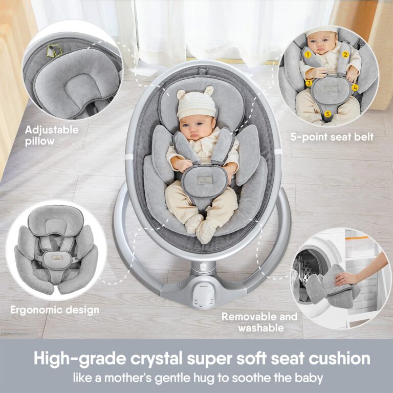 BabyBond Baby Swings for Infants, Bluetooth Infant Swing with 10 Preset Songs, 5 Point Harness Belt, 5 Speeds and Remote Control - Portable Baby Swing for Indoor and Outdoor, Aluminum - Image 7