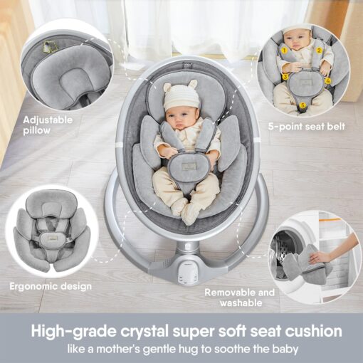 BabyBond Baby Swings for Infants, Bluetooth Infant Swing with 10 Preset Songs, 5 Point Harness Belt, 5 Speeds and Remote Control - Portable Baby Swing for Indoor and Outdoor, Aluminum - Image 7