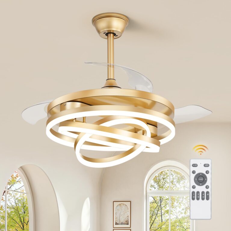 LEDIARY 42 Inch Retractable Ceiling Fan with Lights, Fandelier Ceiling Fan with 6 Speeds,3000K-6000K Adjustable,and DC Motor,Chandelier Ceiling Fans with Lights and Remote for Bedroom Living Room,Gold