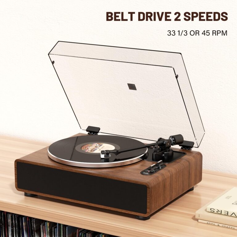 High Fidelity Belt Drive Turntable with Built-in Speakers,FEKTIK Vinyl Record Player with Magnetic Cartridge, Bluetooth Playback and Aux-in Functionality, Auto Off - Image 3