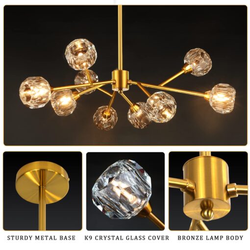 Weesalife Sputnik Chandeliers for Dining Room Light Fixture Over Table, Modern Crystal Chandeliers, 9 Lights Gold Lighting Fixtures for Living Room Bedroom Kitchen Island - Image 6