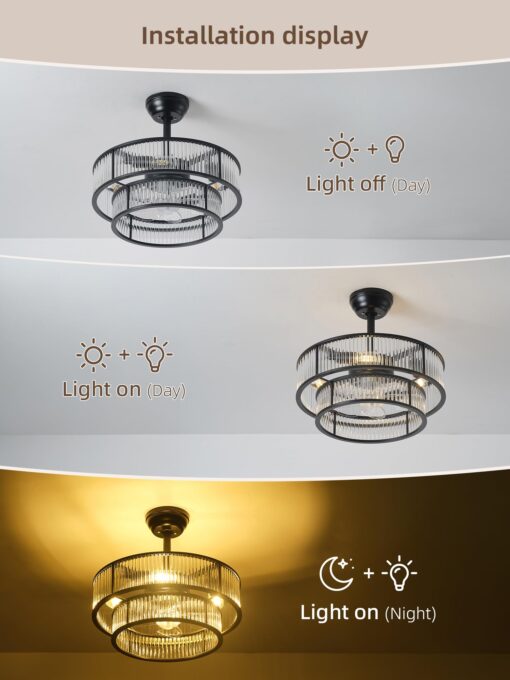 YADZSLY Black Fandelier Ceiling Fans with Lights, 20" Black Crystal Chandelier Ceiling Fan with Light Remote Control, Caged Mid Century with 6 Speeds for Bedroom, Living Room, Nursery - Image 4