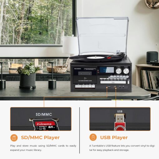 9-in-1 Vintage Turntable Record Player with Bluetooth, Built-in Speakers, AM/FM Radio, CD & Cassette Playback, USB/SD/MMC Support, Remote Control, Aux Input, RCA Output Black - Image 3