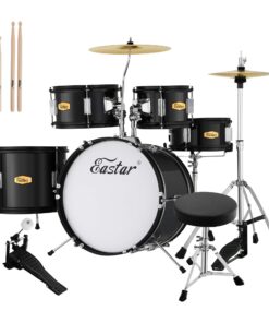 Drum Set Eastar 16 inch 5-Piece, Junior Drum Kit for Beginners Kids Teenagers with Adjustable Throne and Cymbal, Pedal & Drumsticks, Metallic Black (EDS-350BK)