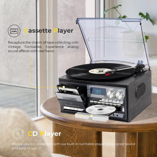 Vintage Record Player 9-in-1 Turntable with Built-in Speakers, AM/FM Radio, CD & Cassette Player, Bluetooth USB/SD Playback, Remote Control, Aux & RCA Inputs, Headphone Jack for Music Fans - Image 2
