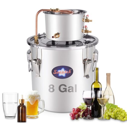 Seeutek Alcohol Still Kit Complete, 8 Gal / 30 L Stainless Steel Water Alcohol Distiller with Water Pump & Thermometer, DIY Distillery Kit with Extended Copper Pipe to Speed Up Brewing