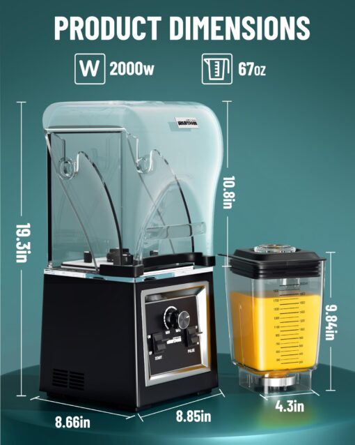Wantjoin Professional Grade Blender - Soundproof & Quiet Commercial Blenders, Removable Shield, 2000W Watte, 67 Oz Capacity - Perfect for Kitchen, Fruits, Shakes, Smoothies, and Frozen Drinks(Black) - Image 3