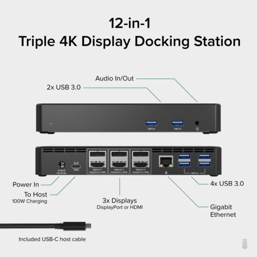 Plugable 12-in-1 USB C Triple Monitor Docking Station, Triple 4K Displays with 3X HDMI or 3X DisplayPort, Compatible with Mac, Windows, Thunderbolt, USB4, USB-C (100W PD, 6X USB Ports, Ethernet) - Image 8