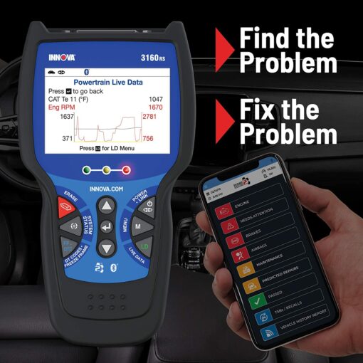 INNOVA 3160RS OBD2 Scanner, ABS Brake Bleeder, ABS SRS Engine Transmission Diagnoses, Airbag Light Reset, Car Battery Tester & Alternator Tester, Battery Reset, Fix & Parts Recommendations - Image 3