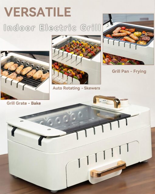 XHJ Indoor BBQ Kabob Skewers Grill,Smokeless Auto 360° Rotating Electric Barbecue Skewers Rotisserie,3 In 1 Indoor Electric Tabletop Grill with Removable Lid,Dual Zone Cooking - Image 8