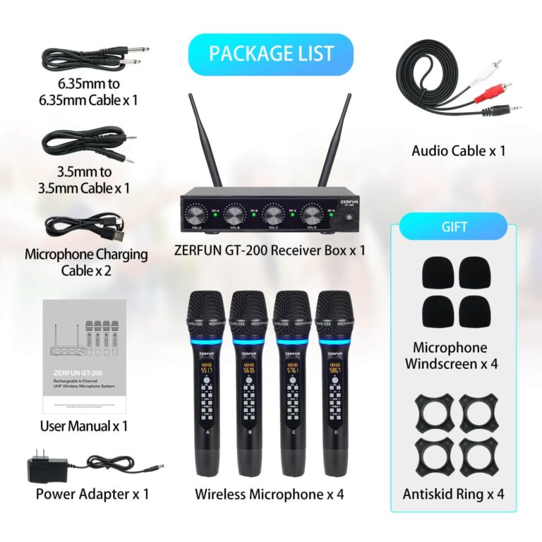ZERFUN 4 Channel Rechargeable Wireless Microphone System, Pro UHF Metal Handheld Wireless Microphones Cordless Mics with Echo Treble BASS VOL Channel Control for Karaoke Singing Church(GT-200) - Image 4