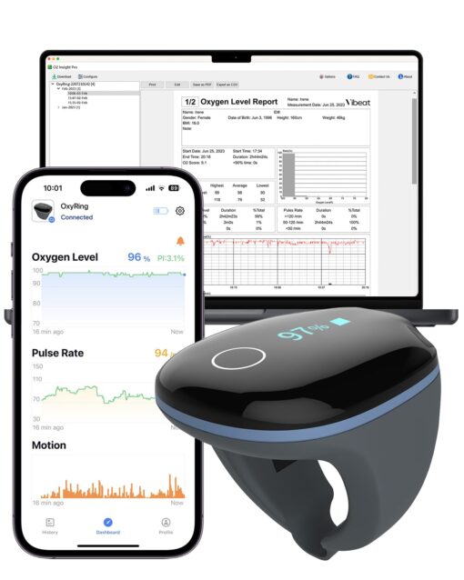 Vibeat OxyRing Continuous Oxygen Monitor - Bluetooth Pulse Oximeter with Real-time Reminder & Free PC Report, Wearable Finger Oxygen Meter for 16hrs Oxygen Level & Heart Rate Recording