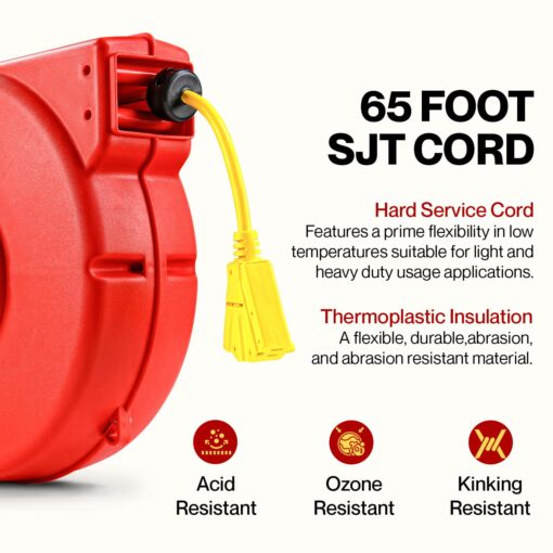 ReelWorks Extension Cord Reel Retractable 12AWG x 65' Foot 3C/SJT Heavy Duty Commercial Cable Triple Tap Connector Power 15A 125VAC 1875W - Image 5