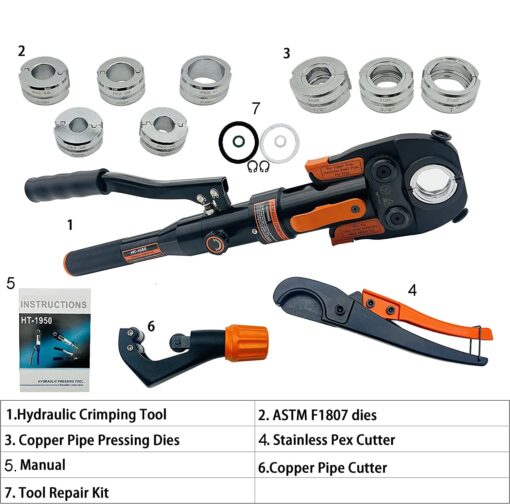 iGeelee Hydraulic Copper Press Tool, Pex Crimping Tool with 1/2", 3/4", 1" Dies for Copper Pipe Fitting & 3/8"-1" Dies for ASTM F1807 Pex Copper Rings, Heavy Duty HT-1950E - Image 4