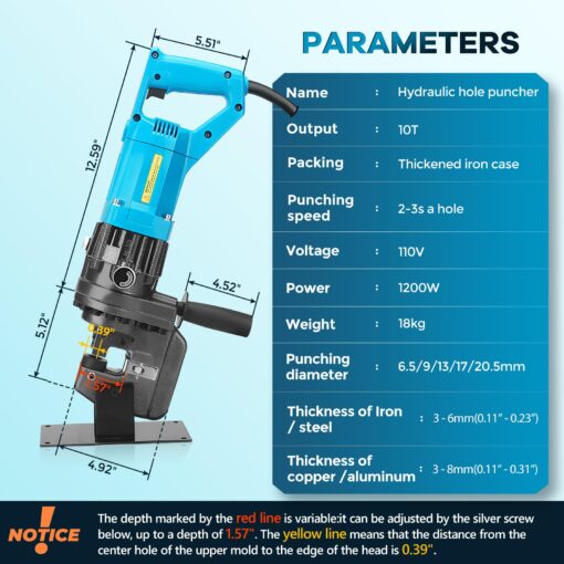 Bonvoisin Electric Hydraulic Hole Puncher Φ1/4"-4/5" 1200W Punching Machine 110V Metal Hole Punch with Carbon Brush 5 Dies for Iron Copper Aluminum Plate Angle Steel - Image 6