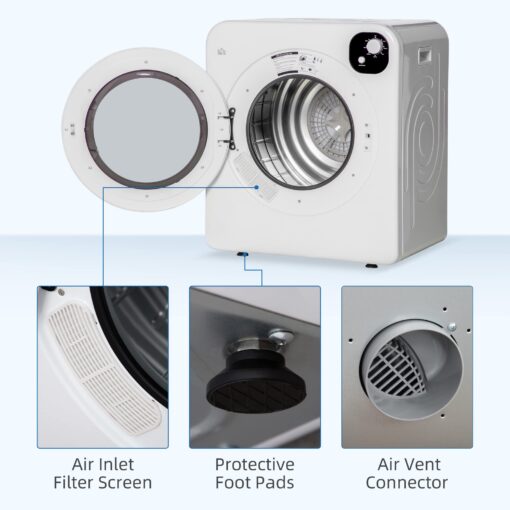 HOMCOM Portable Clothes Dryer, 120V 1300W Compact Laundry Dryer with Intelligent Drying, 3.2 cu.ft Stainless Steel Drum, Front Load Electric Dryer for Apartments, Dorms, RVs, White - Image 5