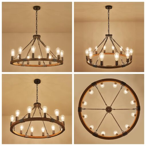 Benkut Farmhouse Wagon Wheel Chandelier 31" Black Rustic Light Fixtures 12-Light Wood Round Chandelier for Dining Room Living Room Entryway Foyer - Image 2