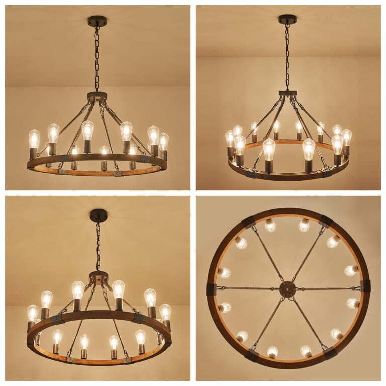 Benkut Farmhouse Wagon Wheel Chandelier 31" Black Rustic Light Fixtures 12-Light Wood Round Chandelier for Dining Room Living Room Entryway Foyer - Image 2