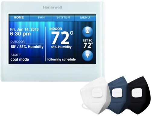 Playhardest Honeywell TH9320WF5003 Wi-Fi 9000 Color Touch Screen Programmable Thermostat, White (with Clevair 3-Mask Purifying Fan Set)